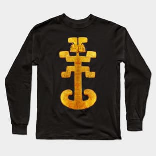 Digital Rendering of a Pre-Columbian Pendant in Gold Leaf on a Mola inspired Pattern Long Sleeve T-Shirt